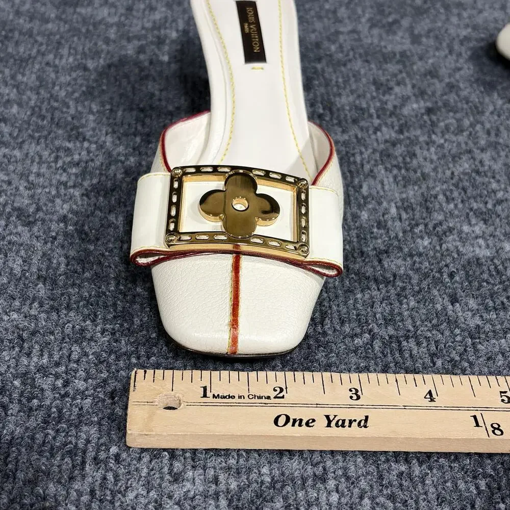 Louis Vuitton Shoes Womens 6 White Suhali Leather Flower Buckle Mule Kitten Heel